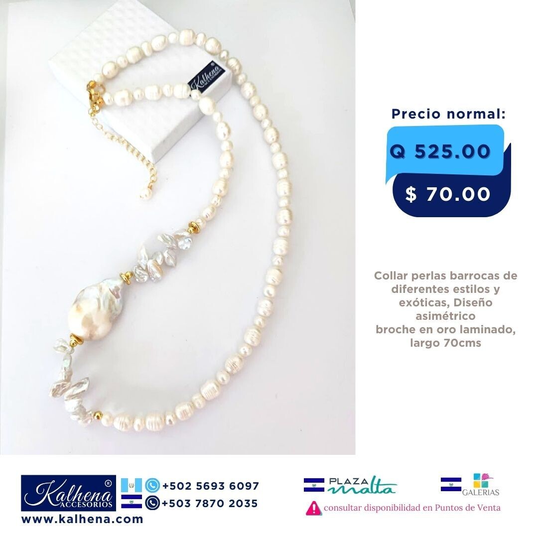 Collar largo mediano perlas barrocas detalle asimétrico perlas exóticas