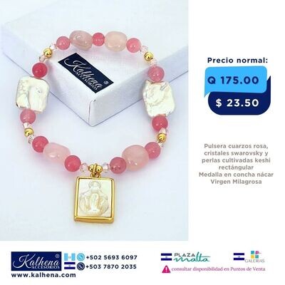 Pulsera cuarzos y cristales rosa entre perla cultivada Medalla Virgen Milagrosa