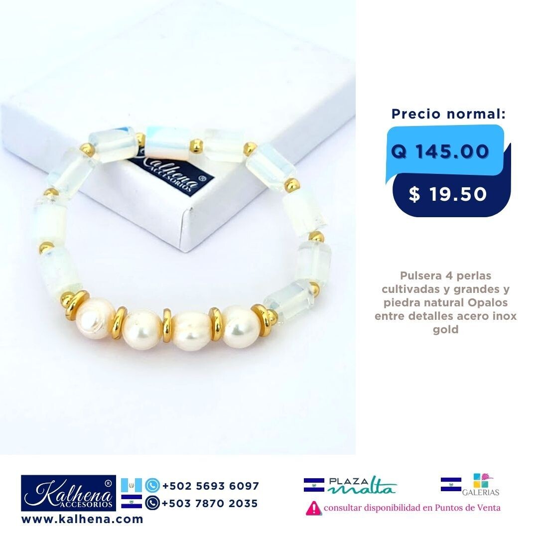 Pulsera Opalos y perlas cultivadas entre detalles acero inox gold