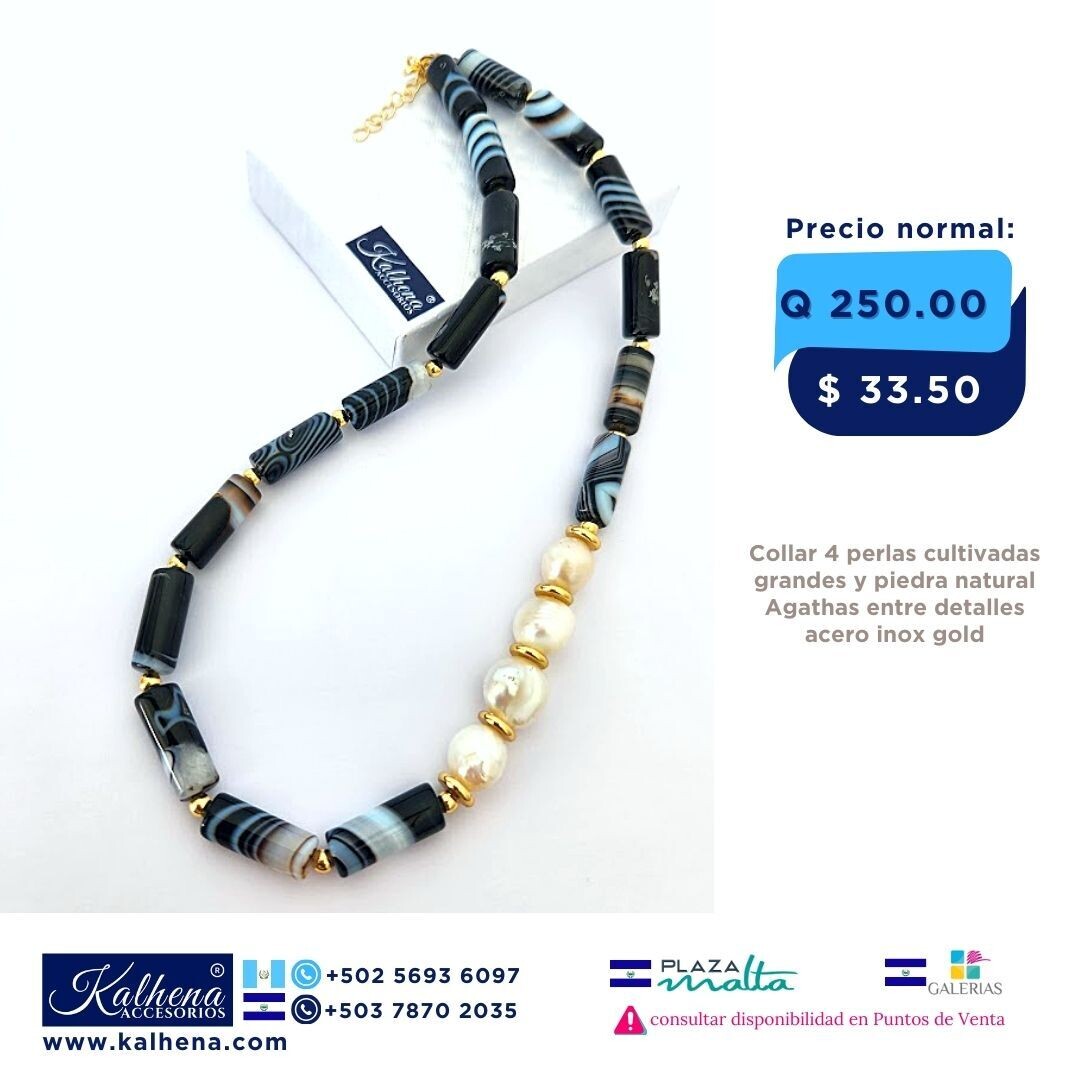 Collar Agathas y perlas cultivadas entre detalles acero inox gold