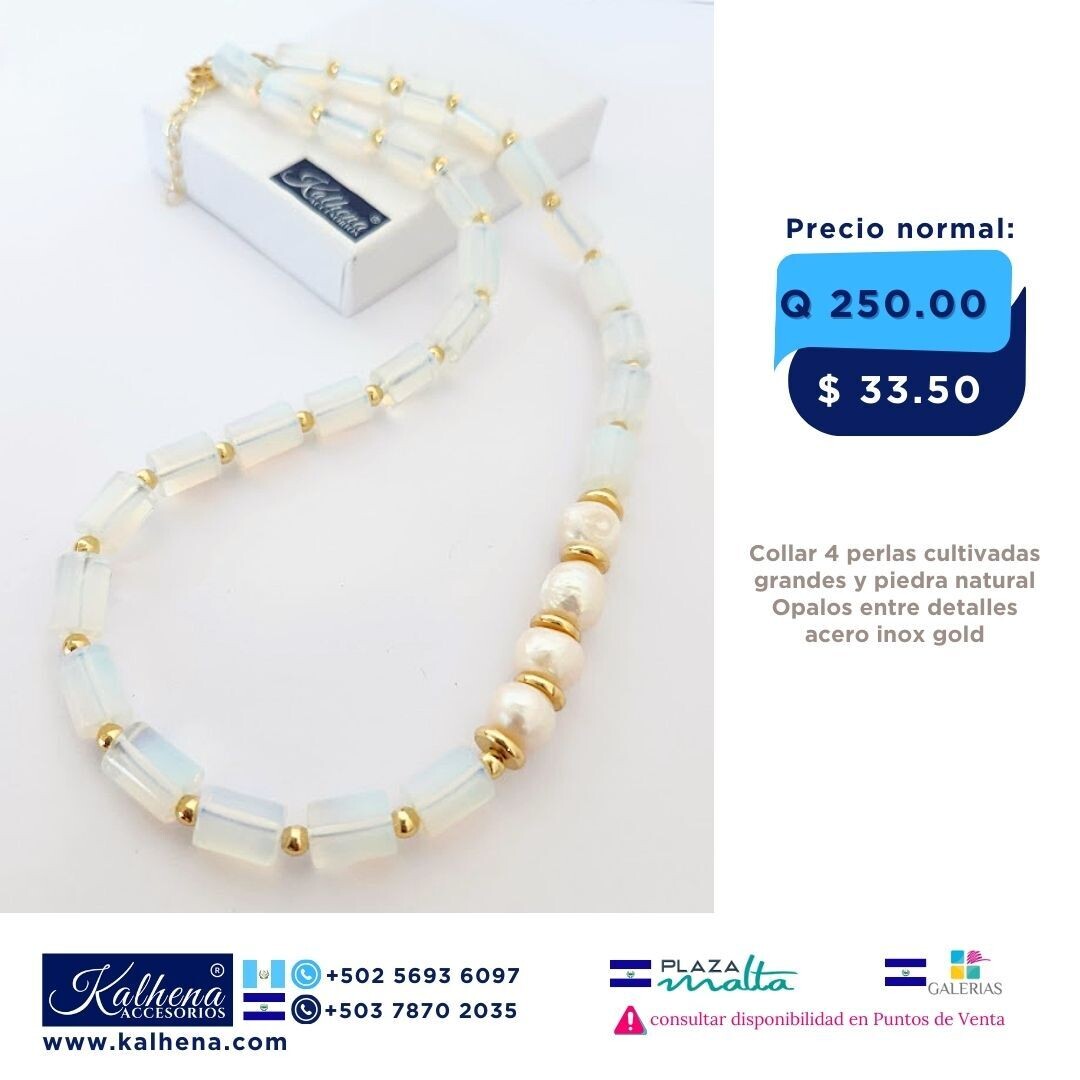 Collar Opalos y perlas cultivadas entre detalles acero inox gold
