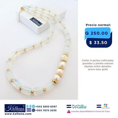 Collar Opalos y perlas cultivadas entre detalles acero inox gold