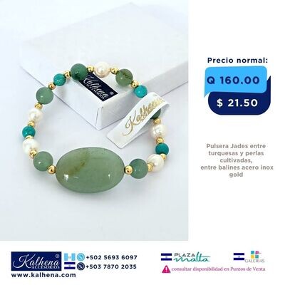 Pulsera Jades verdes, perlas cultivadas y turquesas