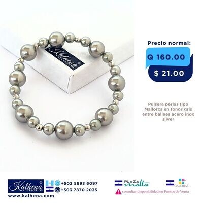 Pulsera Especial perlas tipo Mallorca gris entre balines silver