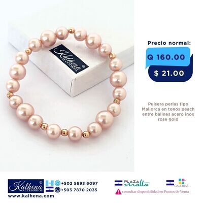 Pulsera Especial perlas tipo Mallorca peach entre balines rose gold