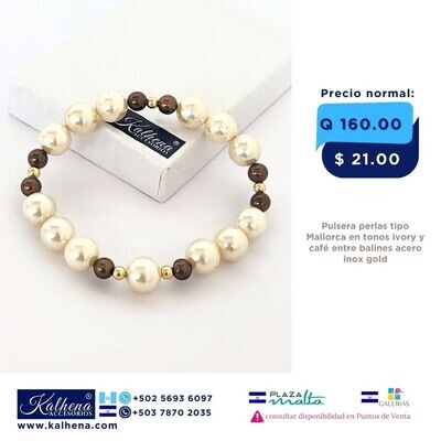 Pulsera Especial perlas tipo Mallorca ivory y café entre balines gold
