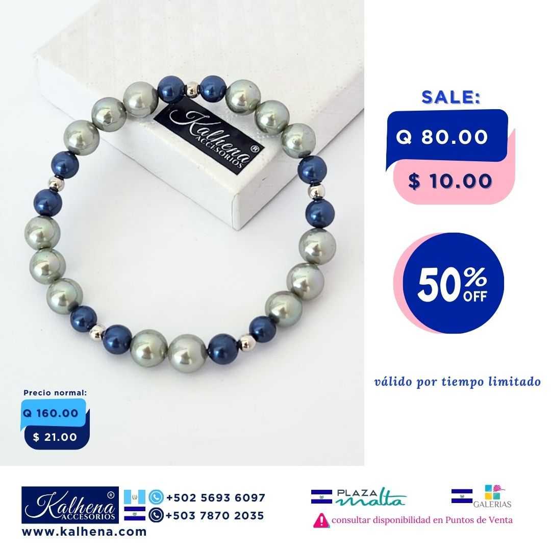 Pulsera perlas tipo Mallorca gris y azul entre balines silver