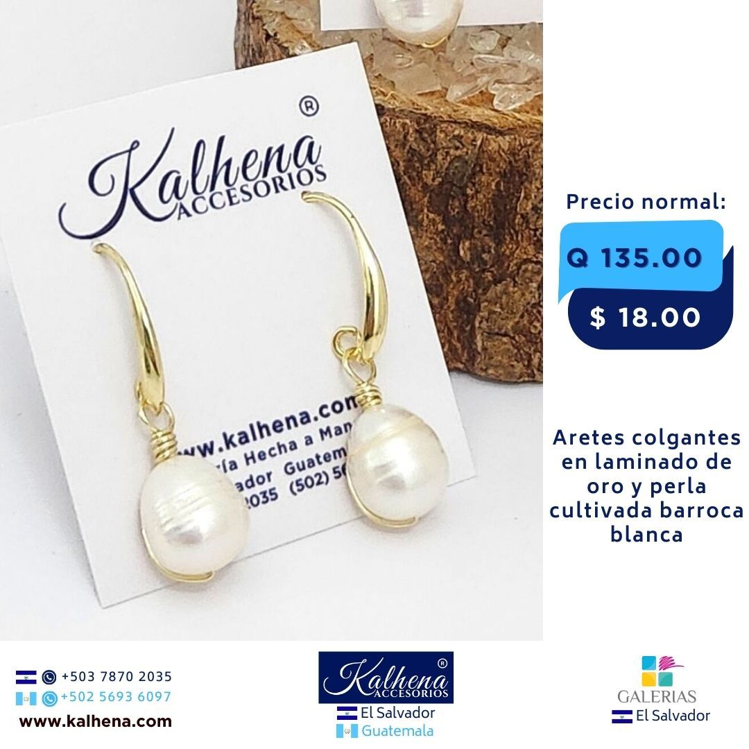 Aretes perla cultivada barroca colgantes oro laminado