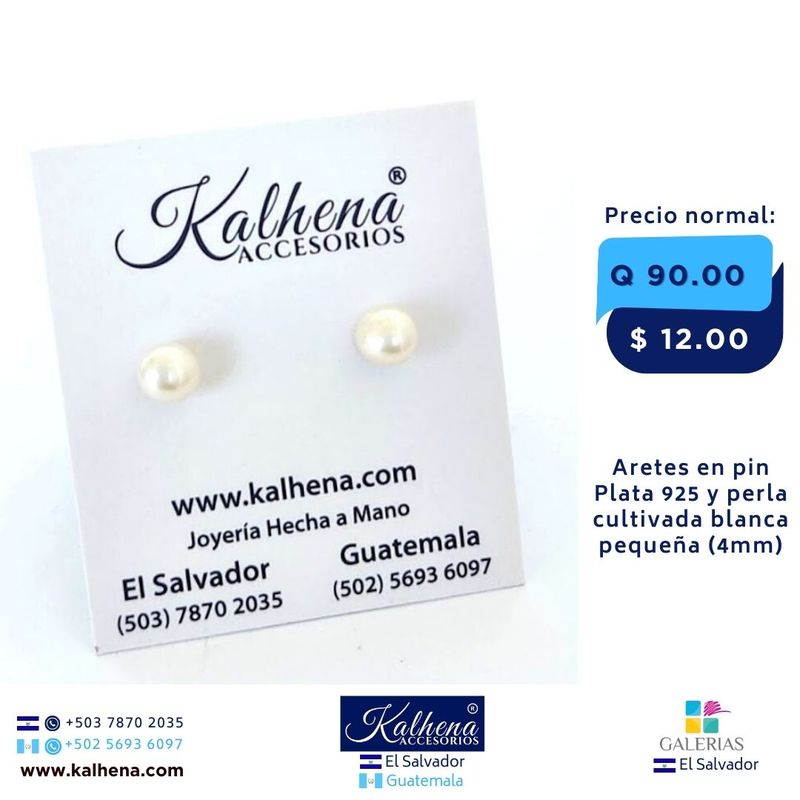 Aretes perla cultivada blanca tamaño 4mm