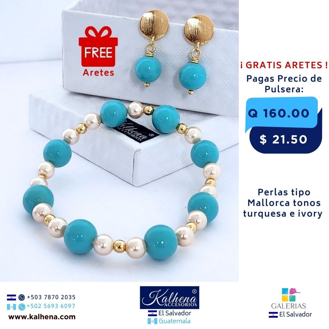 Pulsera y Aretes (GRATIS) perlas tipo Mallorca turquesa e ivory entre balines gold