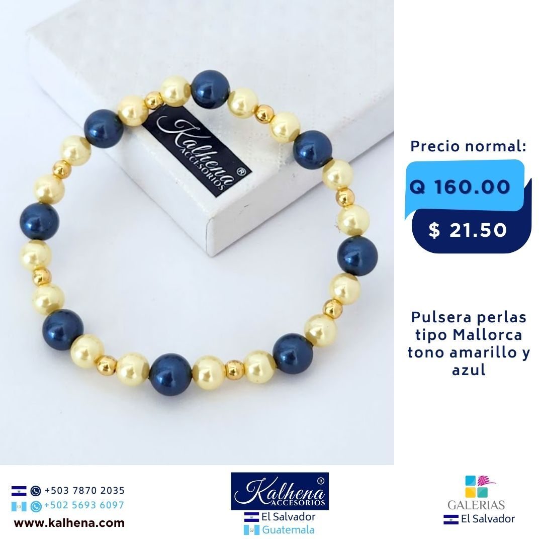 Pulsera perlas tipo Mallorca amarillo y azul entre balines silver