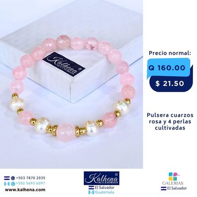 Pulsera Cuarzos Rosa entre perlas  y balines gold