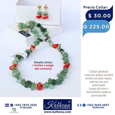 Collar Jades verdes y corales rojos cierres oro laminado