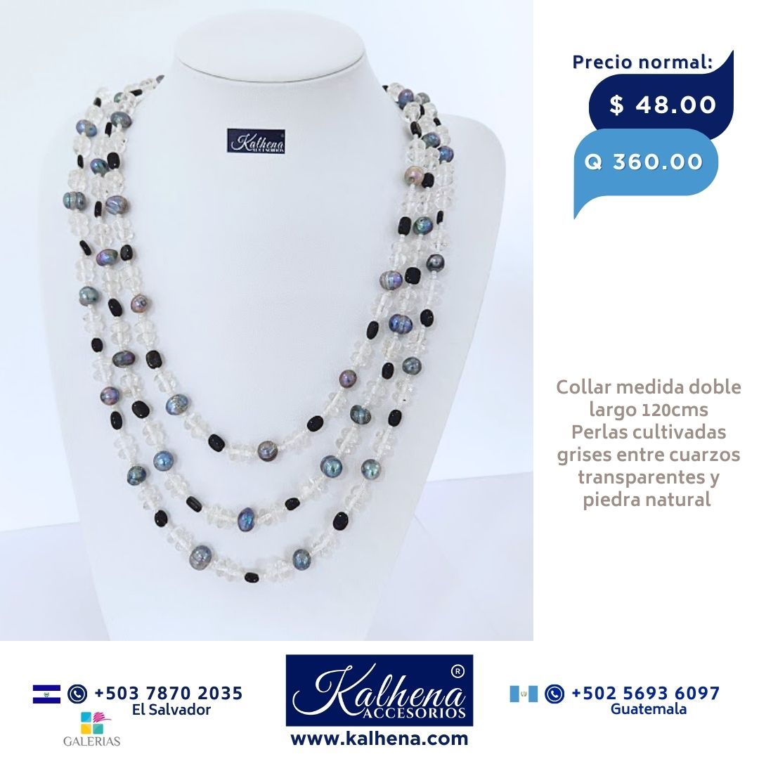 Collar largo perlas cultivadas grises y piedra natural