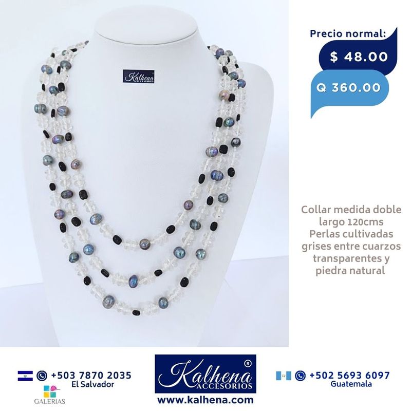 Collar largo perlas cultivadas grises y piedra natural