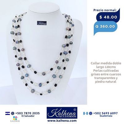 Collar largo perlas cultivadas grises y piedra natural