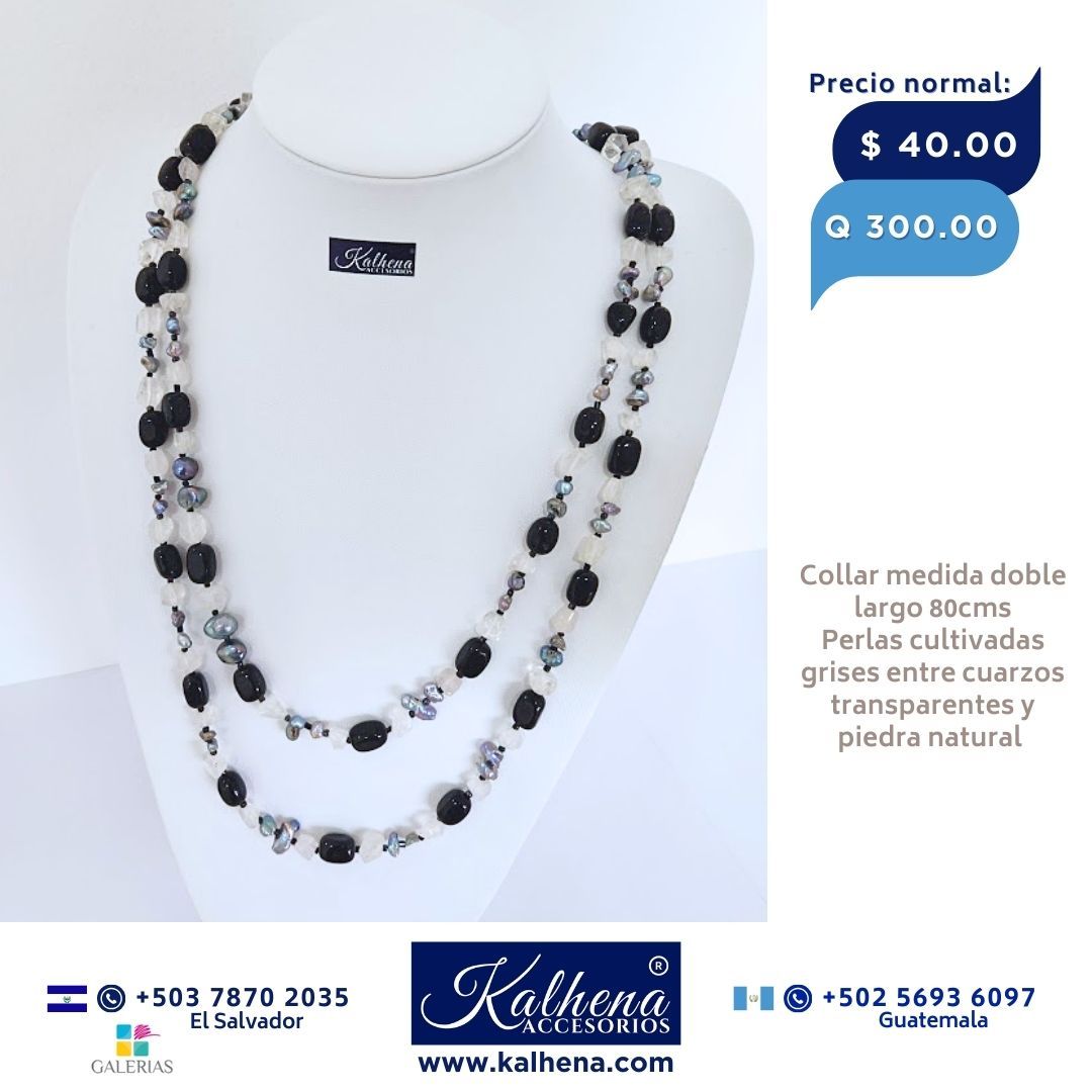 Collar largo perlas cultivadas grises y piedra natural
