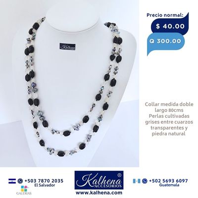 Collar largo perlas cultivadas grises y piedra natural