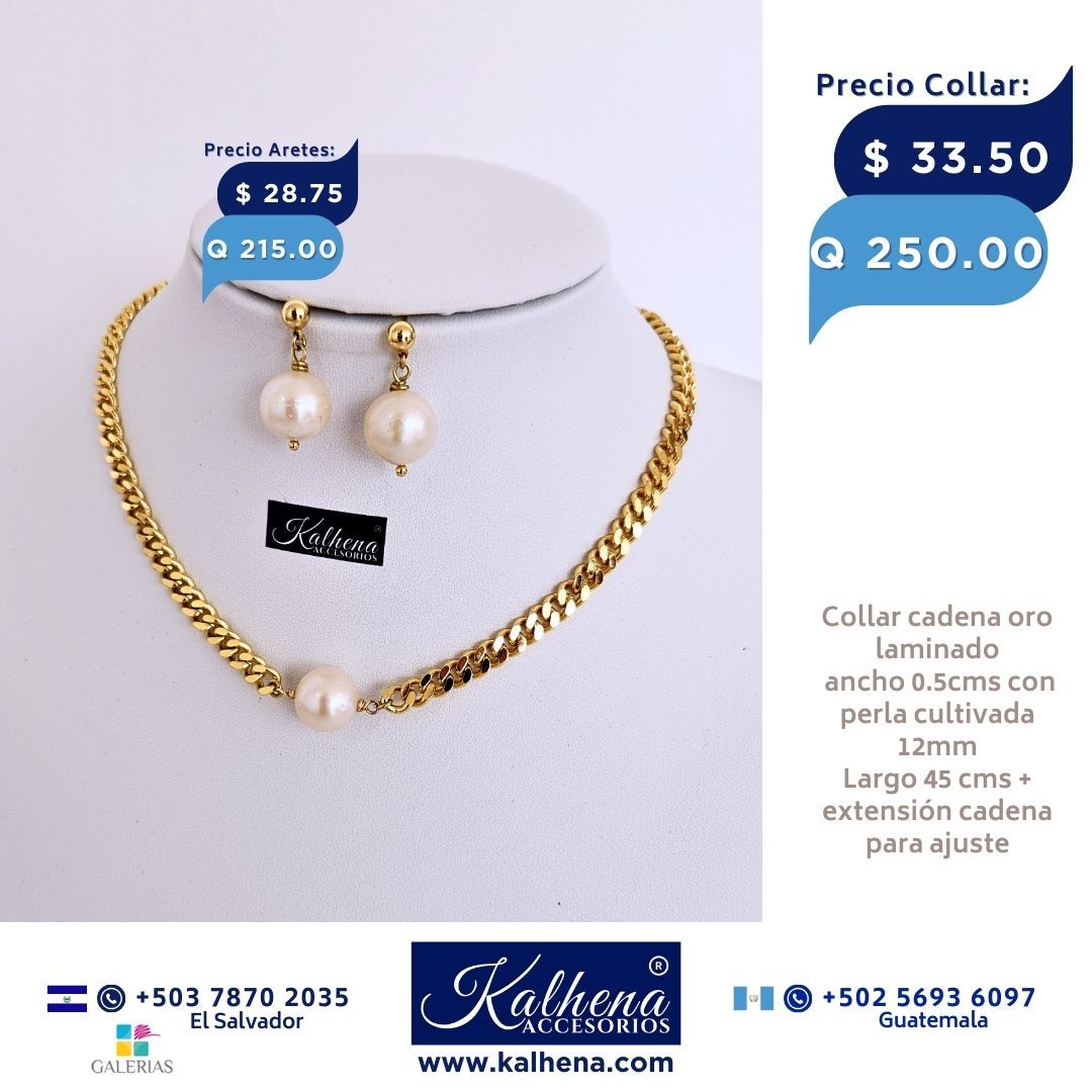 Cadena collar en oro laminado y perla cultivada grande