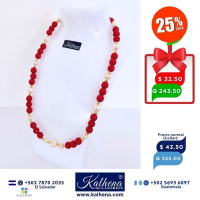 Collar de Perlas y Agathas facetadas tono rojo vivo