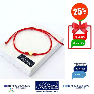 Pulsera hilo rojo y corazón en oro laminado entre nudos