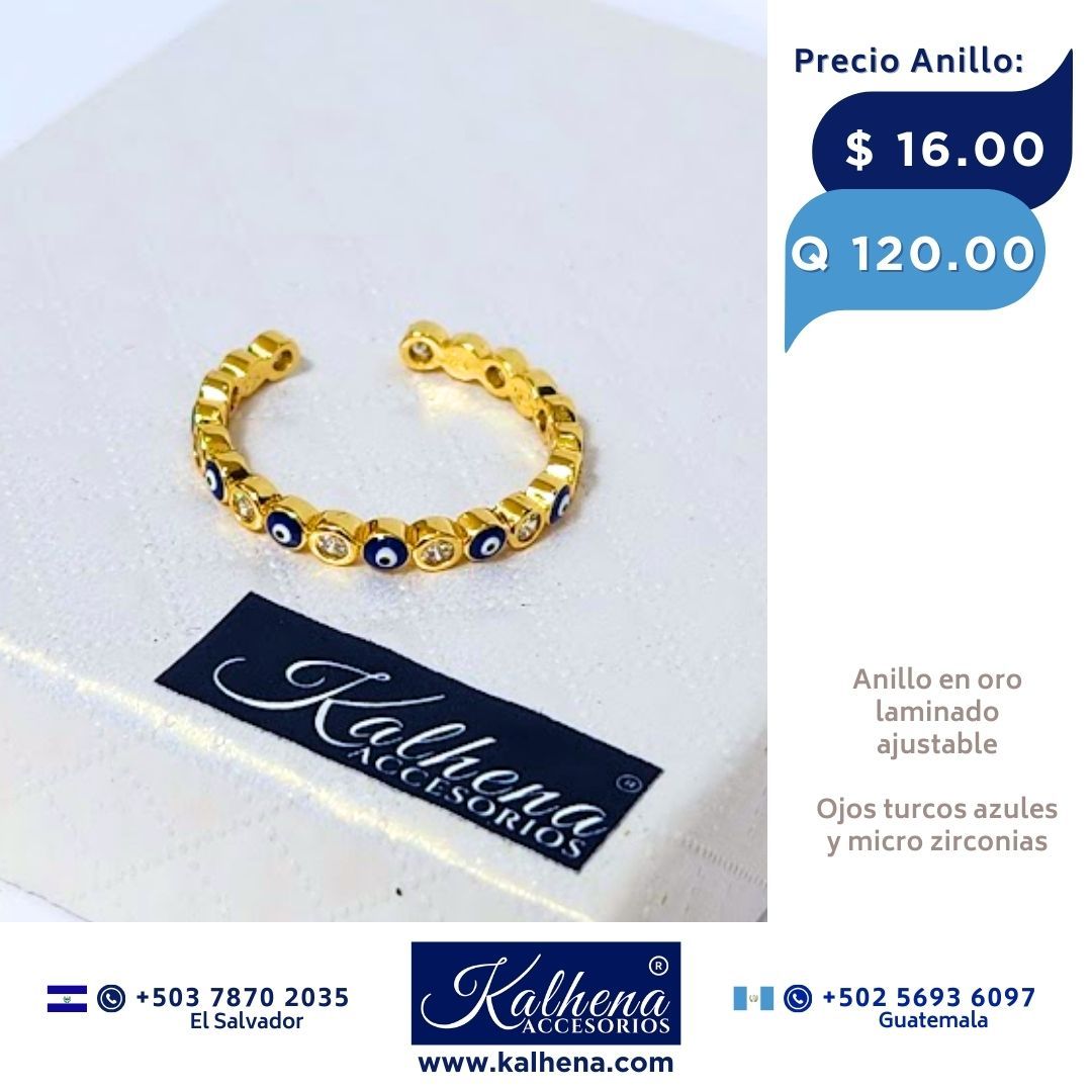 Anillo ajustable ojo turco azul y micro zirconias en oro laminado