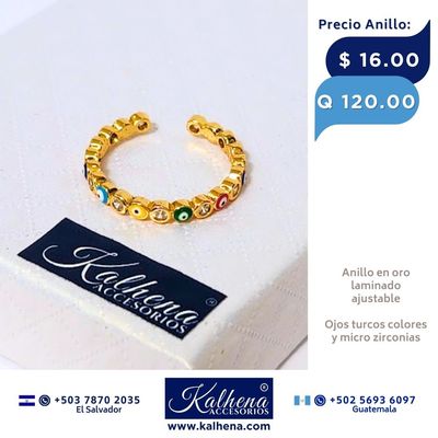 Anillo ajustable ojo turco colores y micro zirconias en oro laminado