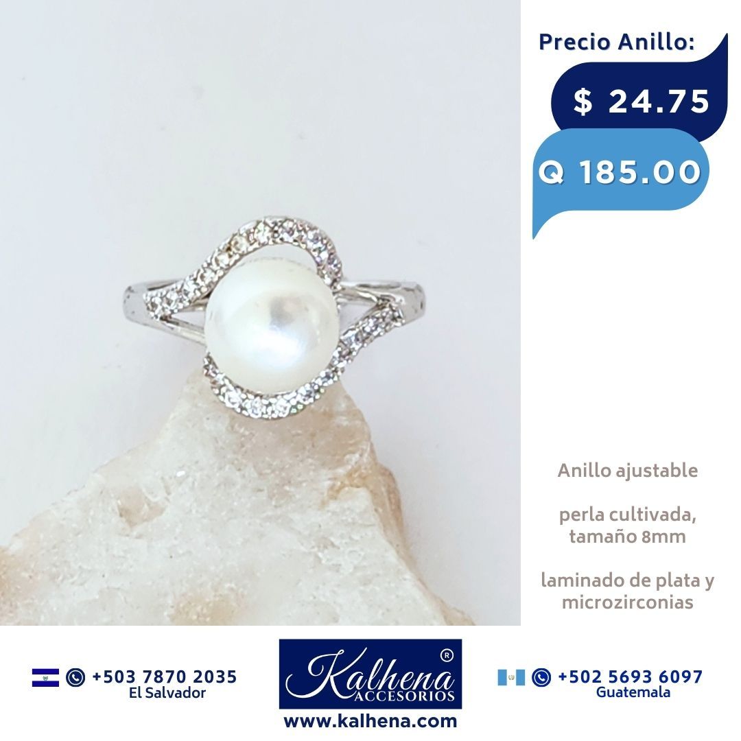 Anillo ajustable laminado de plata, perla cultivada microzirconias