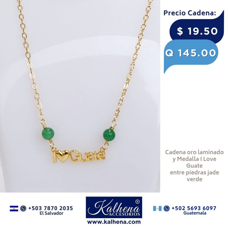 Cadena en oro laminado I Love Guate y jades