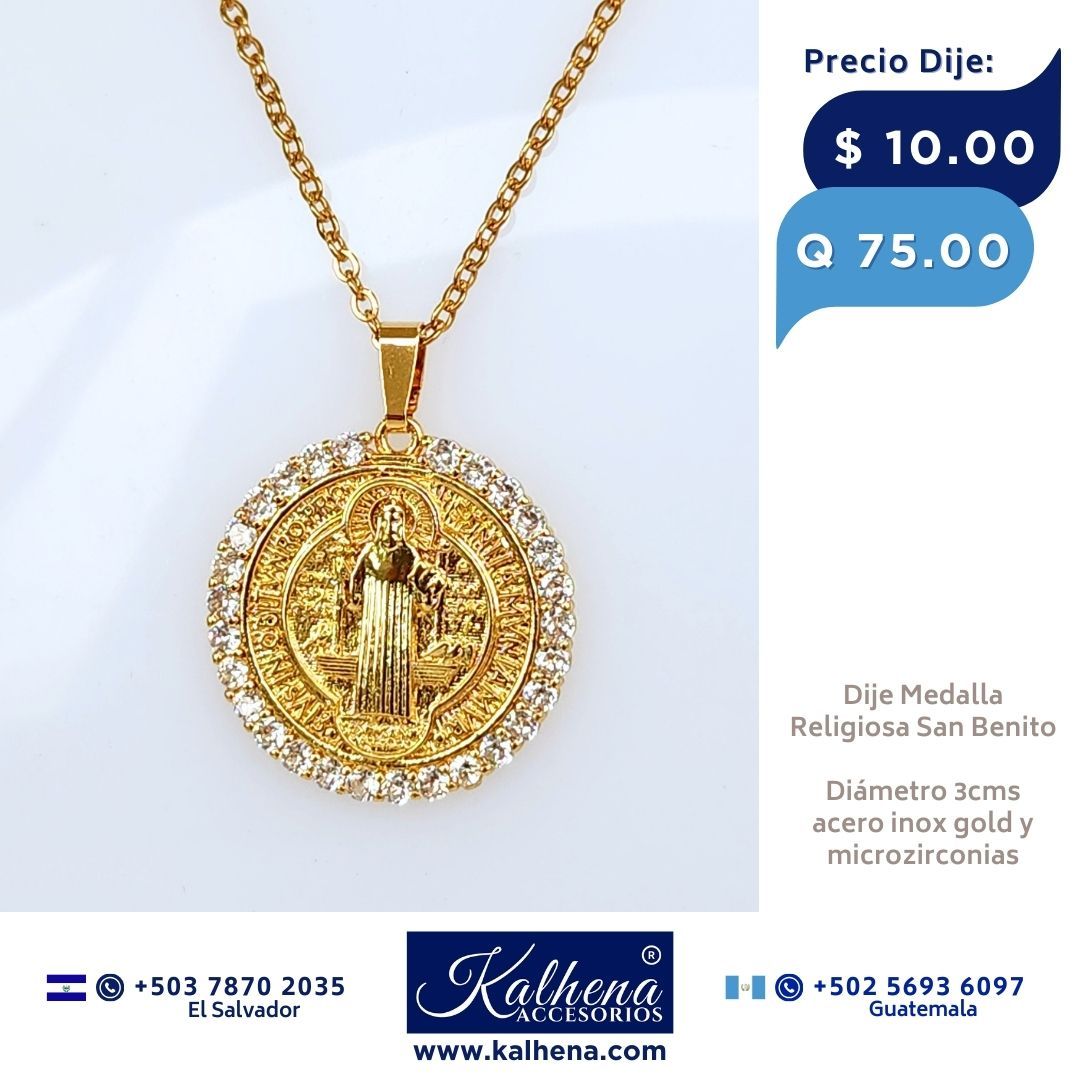 Dije Medalla Religiosa San Benito (grande) en acero inox dorado y microzirconias