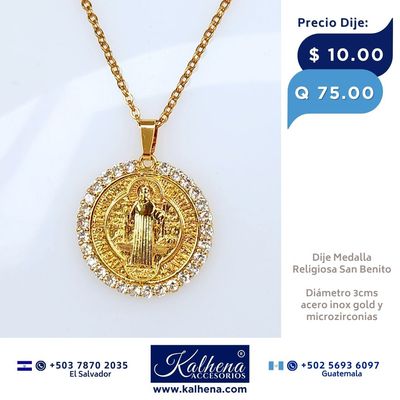 Dije Medalla Religiosa San Benito (grande) en acero inox gold y microzirconias