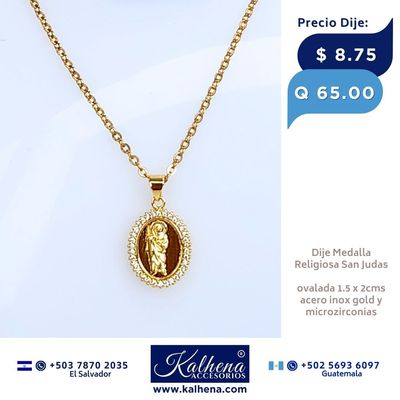 Dije Medalla Religiosa San Judas en acero inox gold y microzirconias