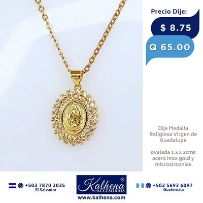 Dije Medalla Religiosa Virgen de Guadalupe en acero inox dorado y microzirconias