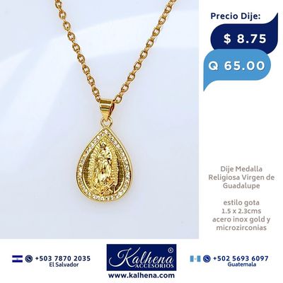 Dije Medalla Religiosa Virgen de Guadalupe (gota) en acero inox gold y microzirconias