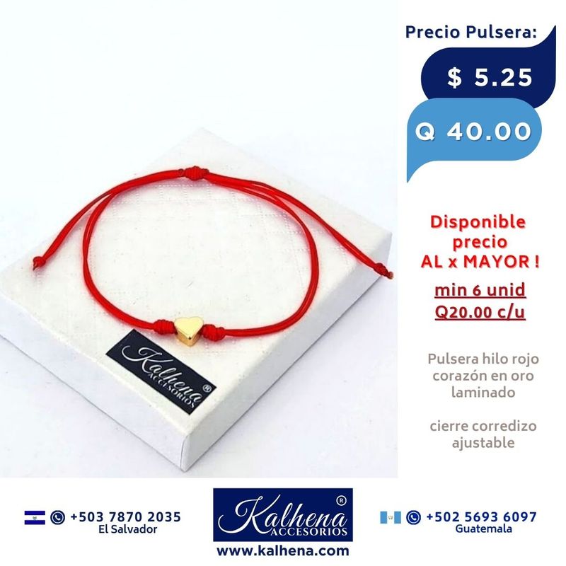 Pulsera hilo rojo y corazón en oro laminado entre nudos