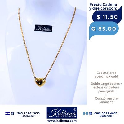 Cadena en acero inoxidable (Larga) y corazón en oro laminado