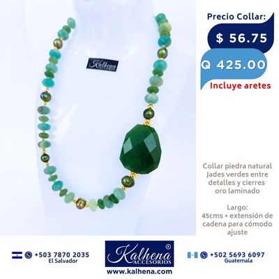Collar Jade y perlas cultivadas verdes, detalles oro laminado