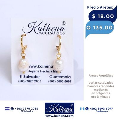 Aretes argollitas perla cultivada barroca alargada pequeña en laminado oro