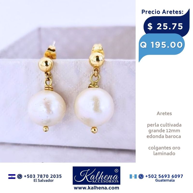 Aretes en oro laminado y perla cultivada grande