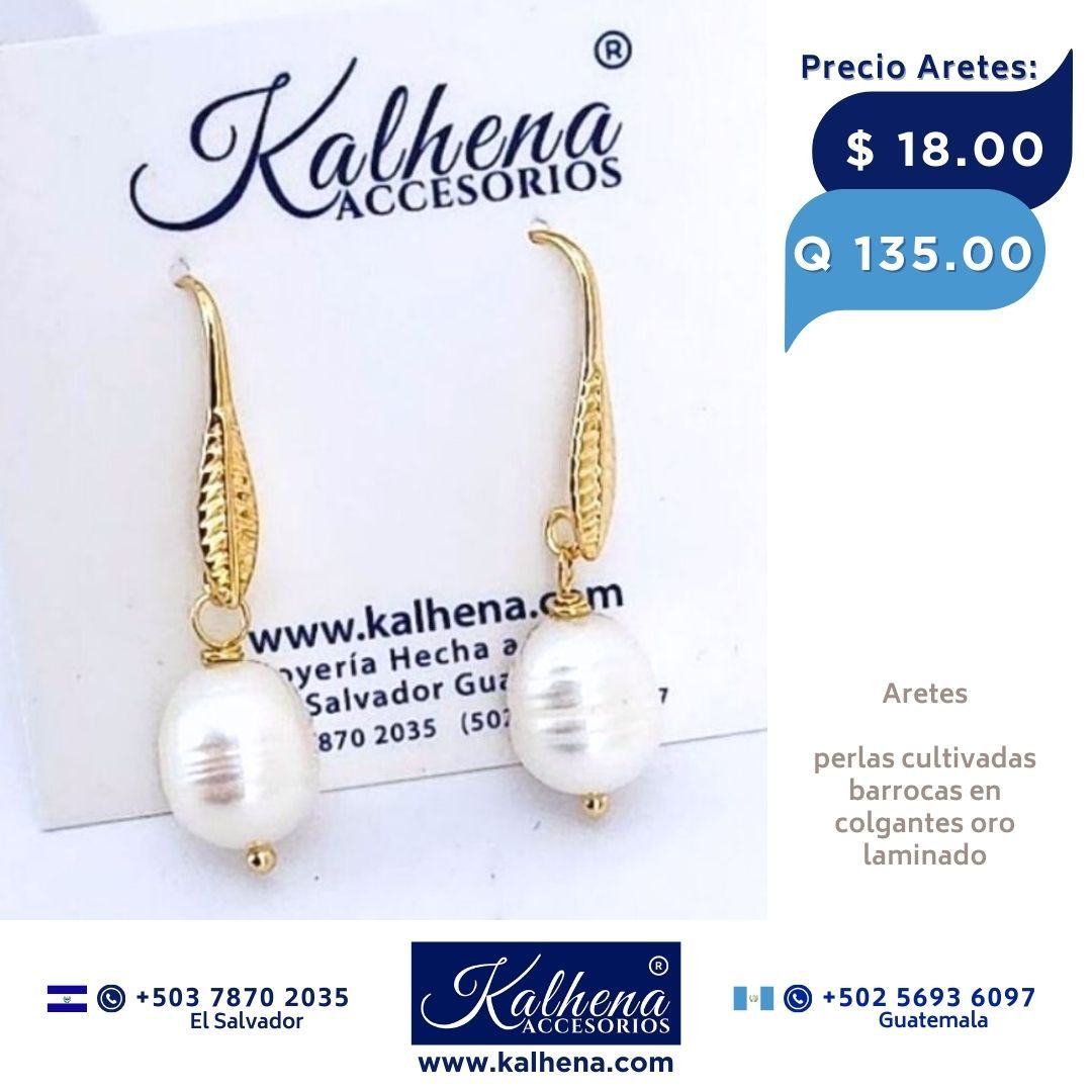 Aretes perla cultivada barroca colgantes oro laminado