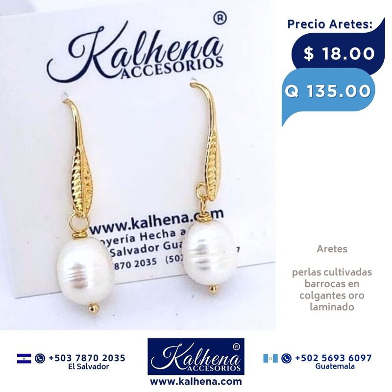 Aretes perla cultivada barroca colgantes oro laminado