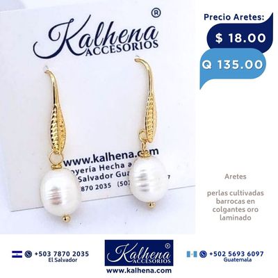 Aretes perla cultivada barroca colgantes oro laminado