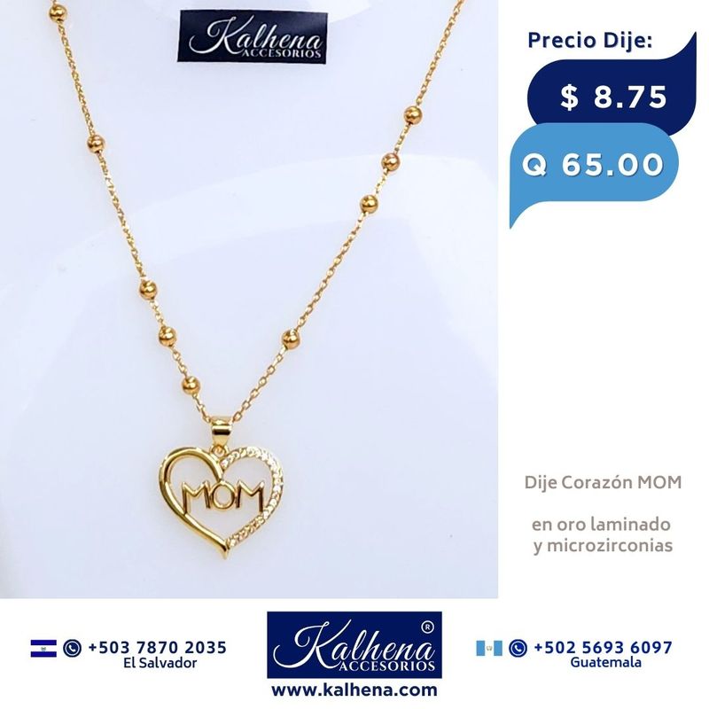 Dije Corazón Mom y microzirconias en oro laminado