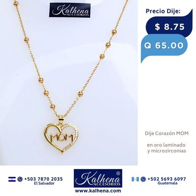 Dije Corazón Mom y microzirconias en oro laminado