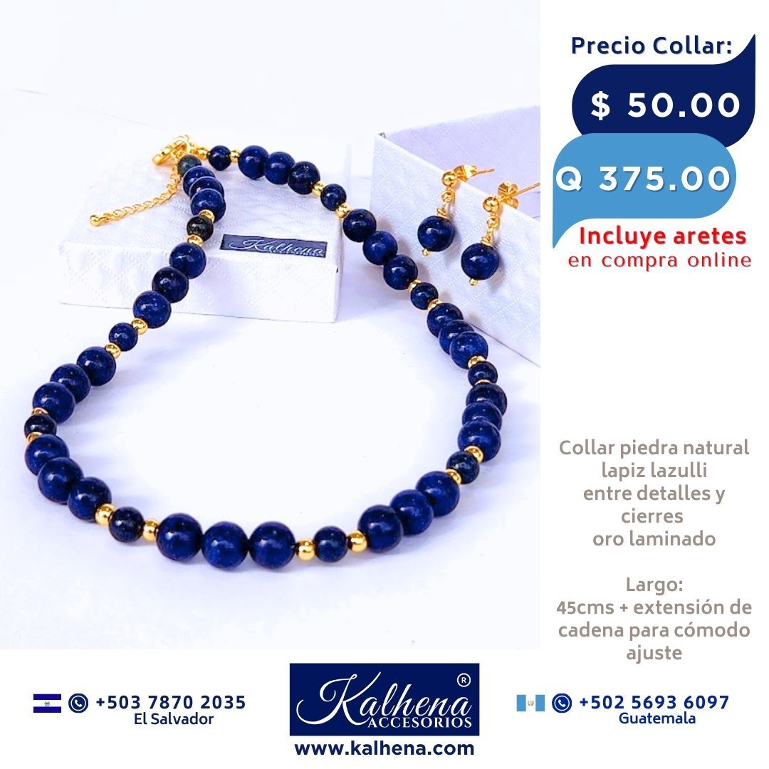 Collar piedra lapiz lazulli entre balines oro laminado