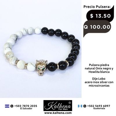 Pulsera piedra natural negro Onix y Howlita blanca -Dije de Lobo