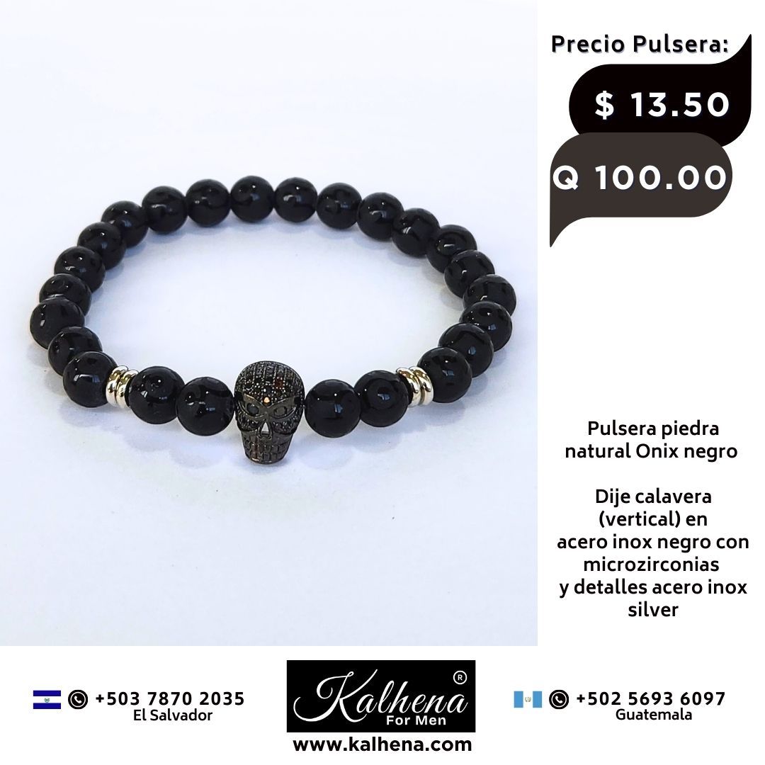 Pulsera piedra natural negro mate - Dije calabera vertical