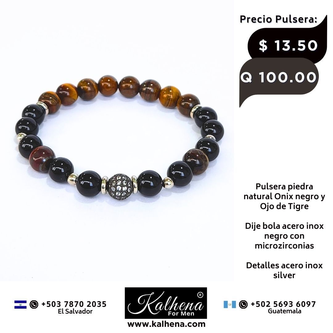 Pulsera piedra natural negro Onix y Ojo de Tigre