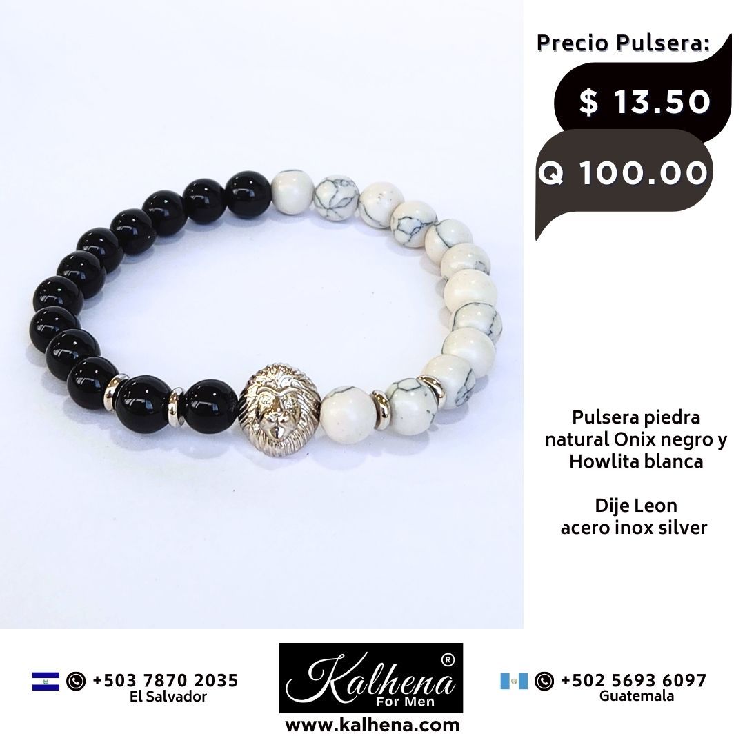 Pulsera piedra natural negro Onix y Howlita blanca  - Dije Leon