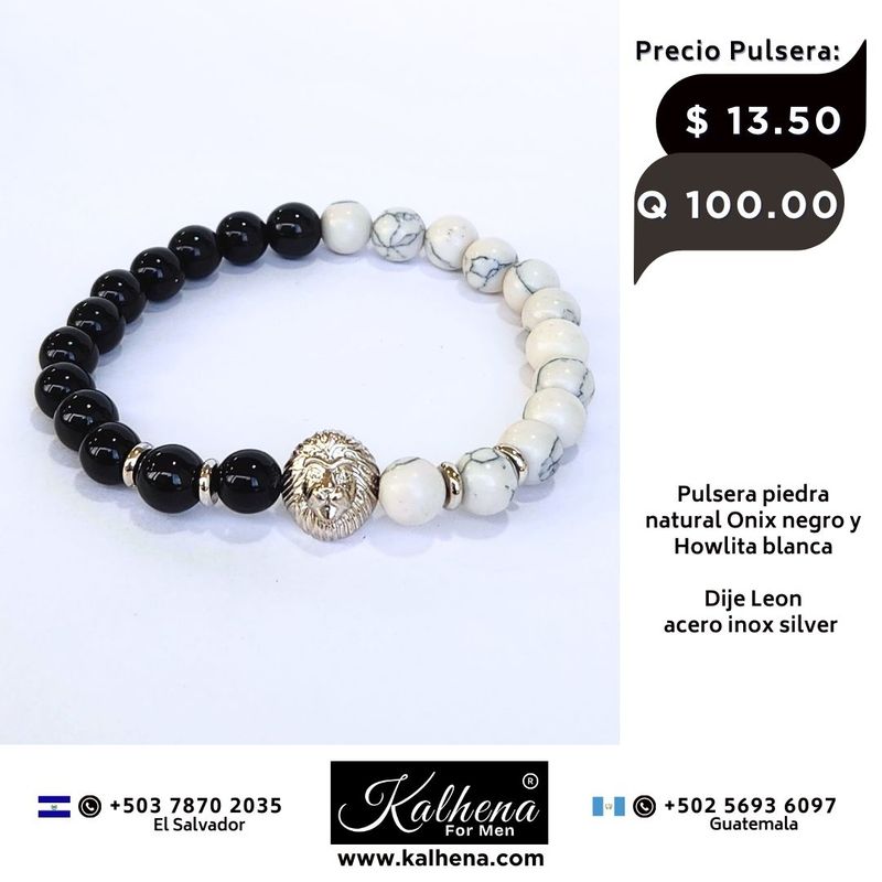 Pulsera piedra natural negro Onix y Howlita blanca  - Dije Leon